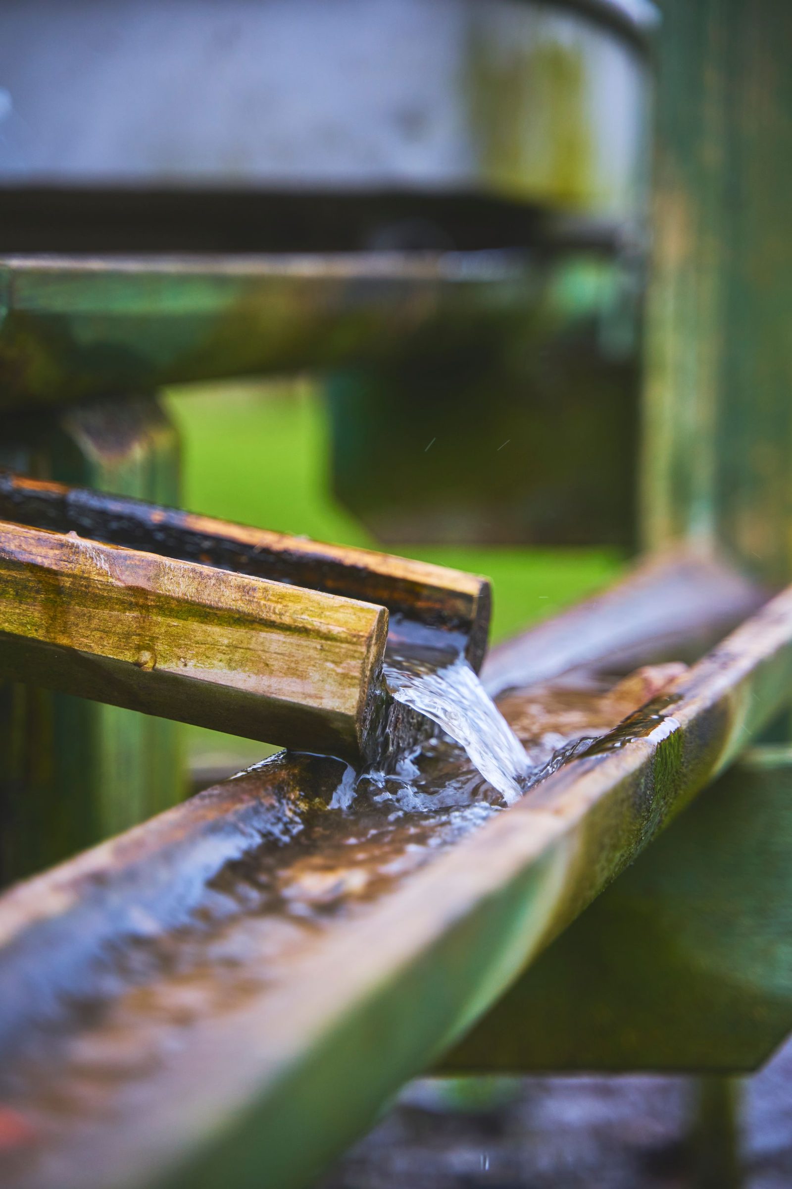 Water flowing through a cleaned roof gutter